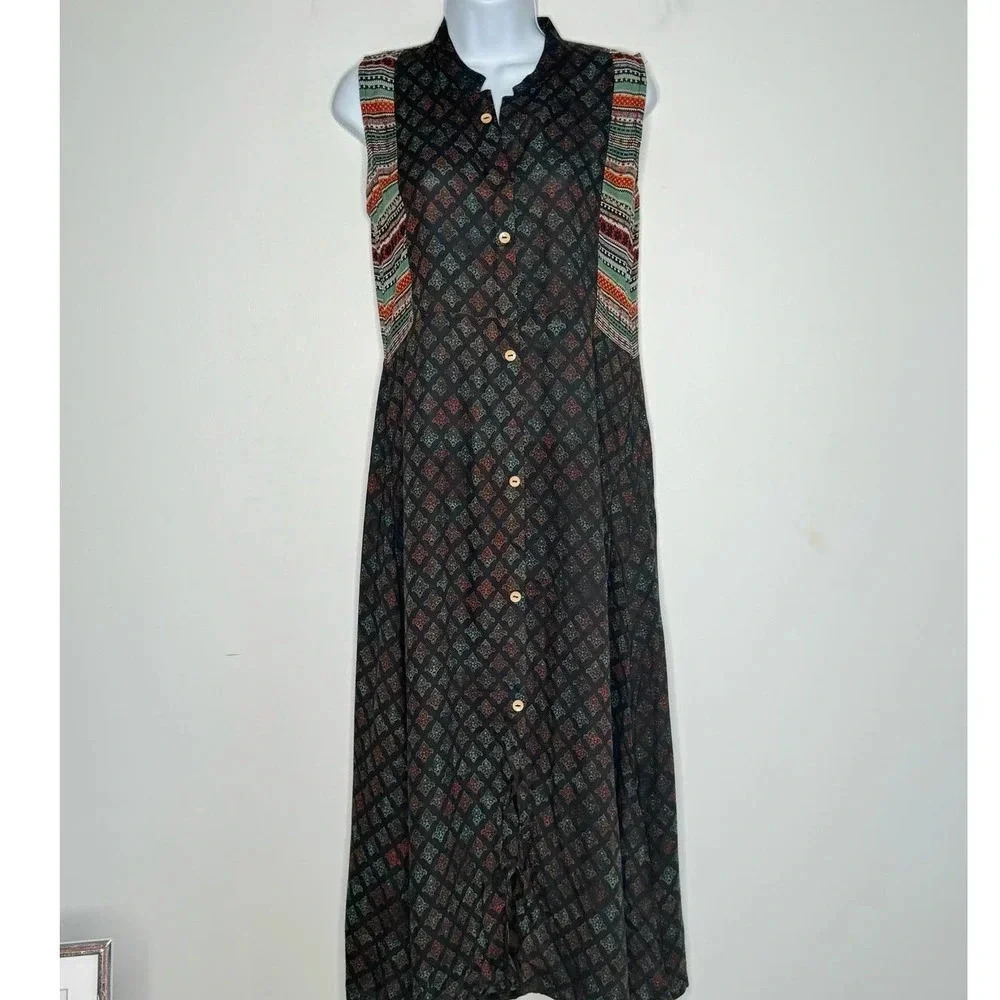 Soch Midi Button Down Patchwork Dress Boho Dress‎ Peasant SIZE S